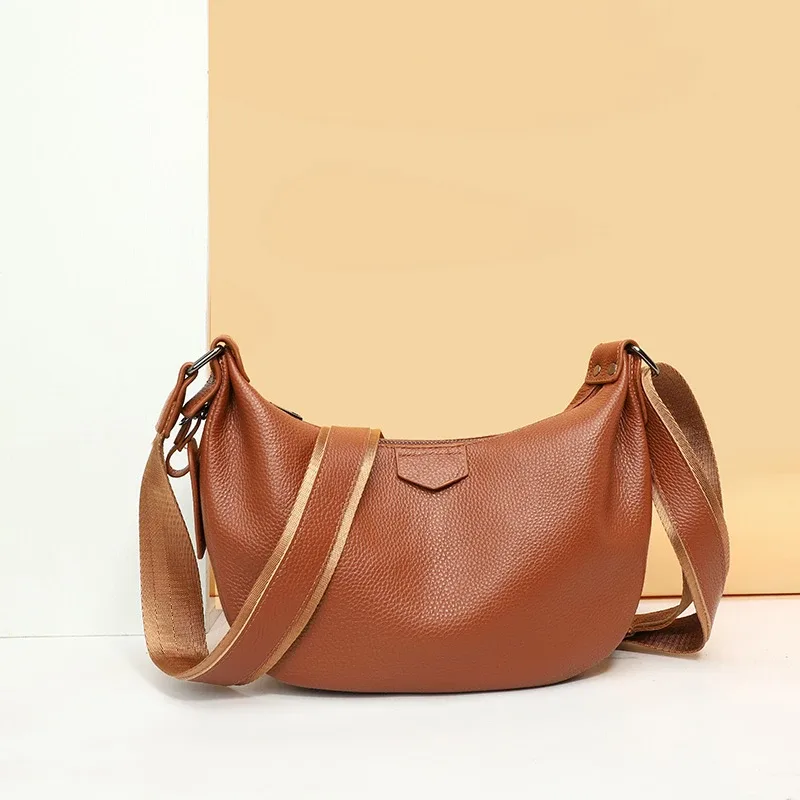 nouveaux sacs pour femmes en cuir véritable 100%, sacs à main sous le bras, couleur unie, sac à main pour les trajets quotidiens, sac à bandoulière portable réglable en forme de demi-lune pour femmes