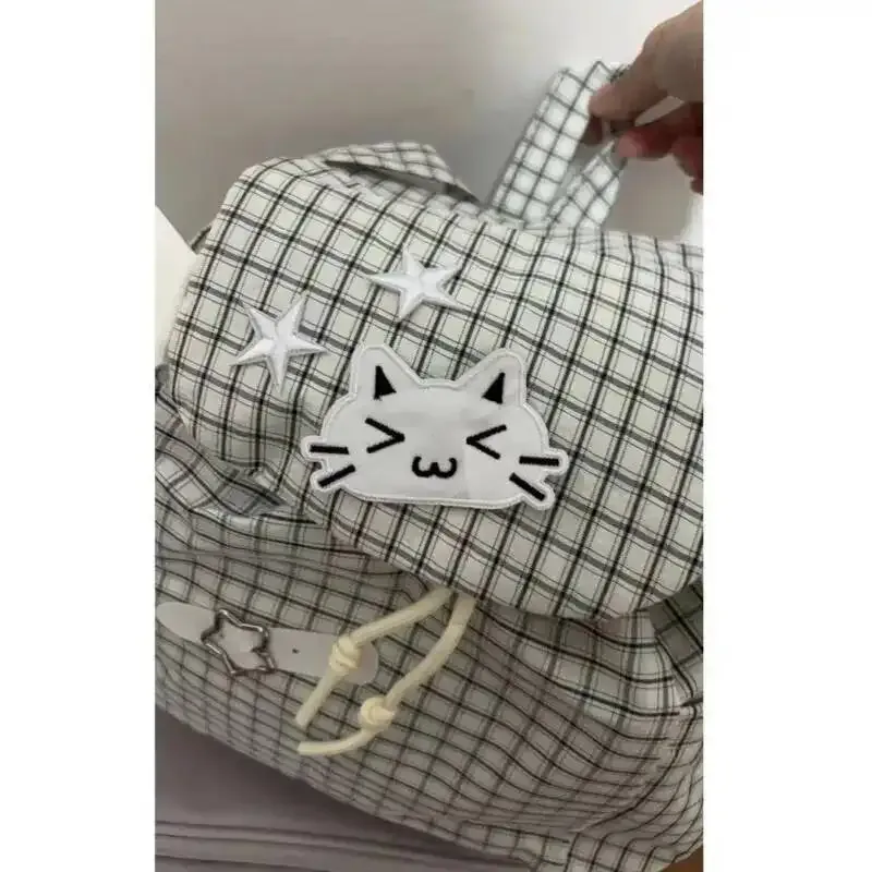 sac à dos chat brodé noir blanc style à carreaux léger mignon petites épaules polyvalent étudiant trajet campus sac à dos