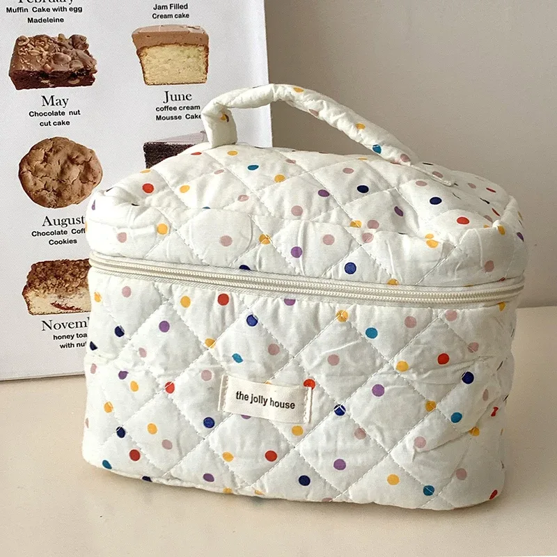 sac de rangement de maquillage pour femmes, fourre-tout à points colorés, organisateur de voyage portable, sac matelassé pour cosmétiques, pochette pour dames pour rouges à lèvres