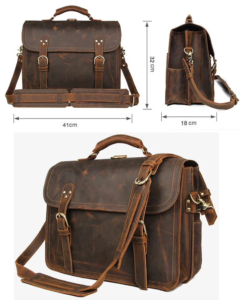 sac à main vintage en cuir véritable crazy horse pour homme, grand sac d'affaires, sac de bureau, sacoche pour ordinateur portable 15,6 pouces, sacoche d'épaule pour homme.
