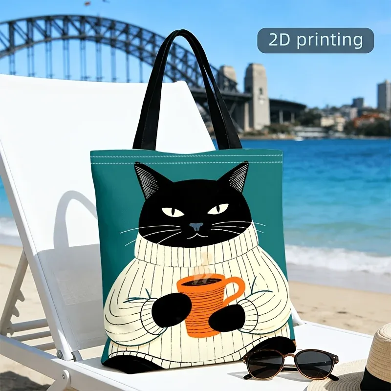 sac fourre-tout en toile avec motif de chat noir amusant et tasse à café, chat de dessin animé en pull, sac à main réutilisable pour femmes, grand sac de shopping à bandoulière.