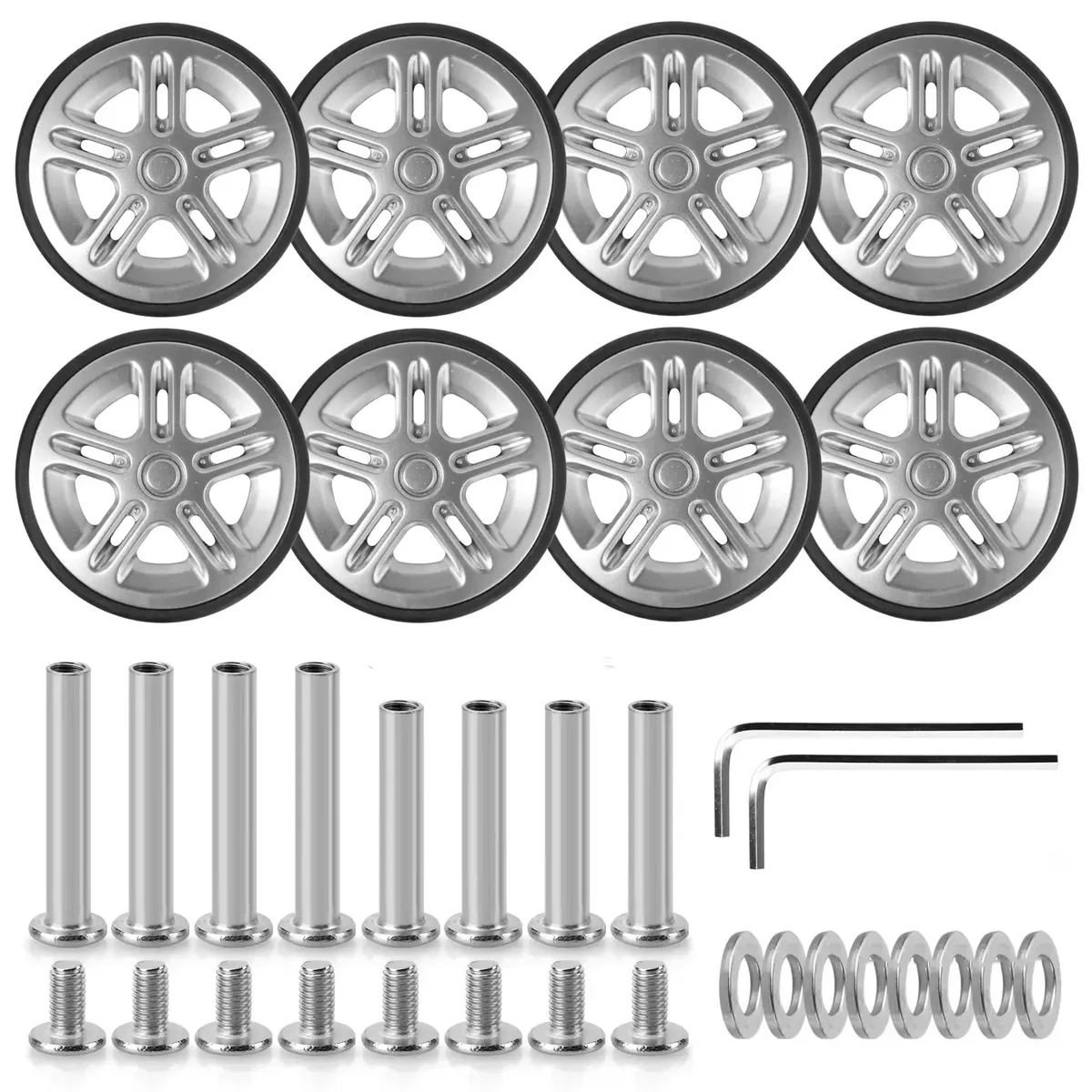 roues à bagages argentées de remplacement avec vis, 8 pièces, roues à bagages de voyage, pièces de rechange pour valise, essieux de 60mm, réparation de roues à roulettes