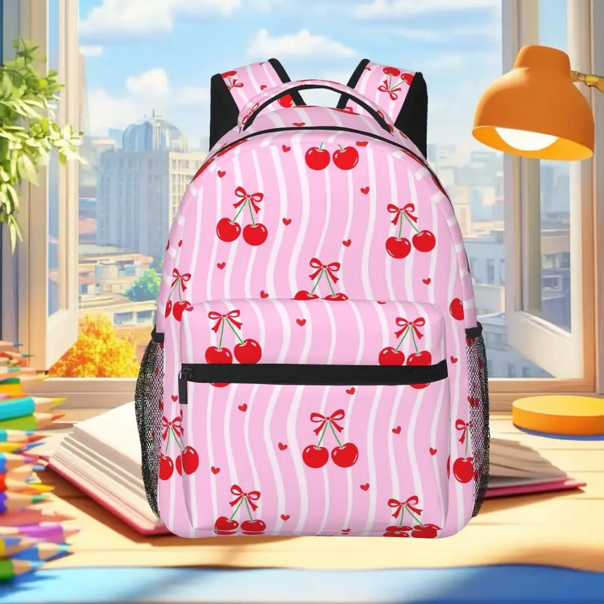 sac à dos à motif mignon de cerises de dessin animé, sac d'école pour étudiants garçons et filles, sac à dos pour ordinateur portable, sacs à bandoulière pour hommes et femmes