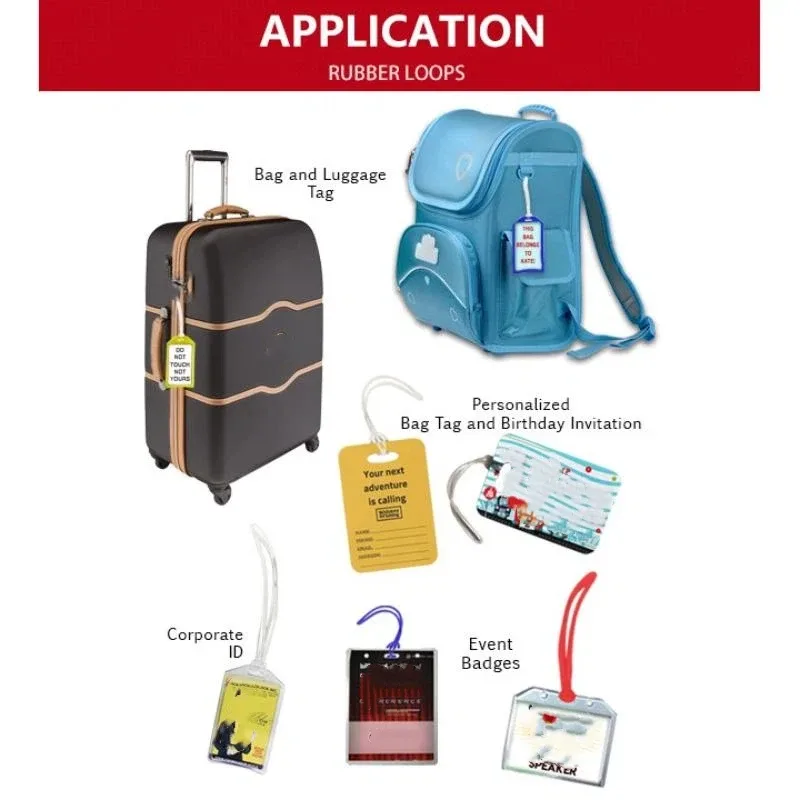 100 boucles en caoutchouc pour étiquettes de sac, étiquettes de bagages, sangles d'identification, accessoires de fabrication d'étiquettes, boucles en caoutchouc, supports pour étiquettes de bagages