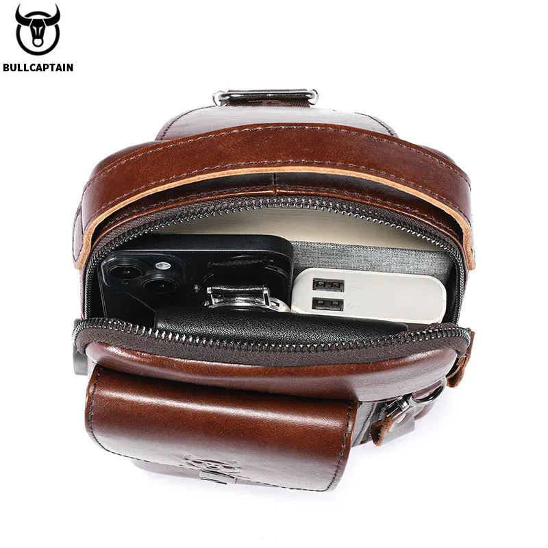 bullcaptain sac de poitrine en cuir véritable pour hommes décontracté rétro 7.9 pouces sac pour téléphone portable multifonctionnel antivol sac à bandoulière