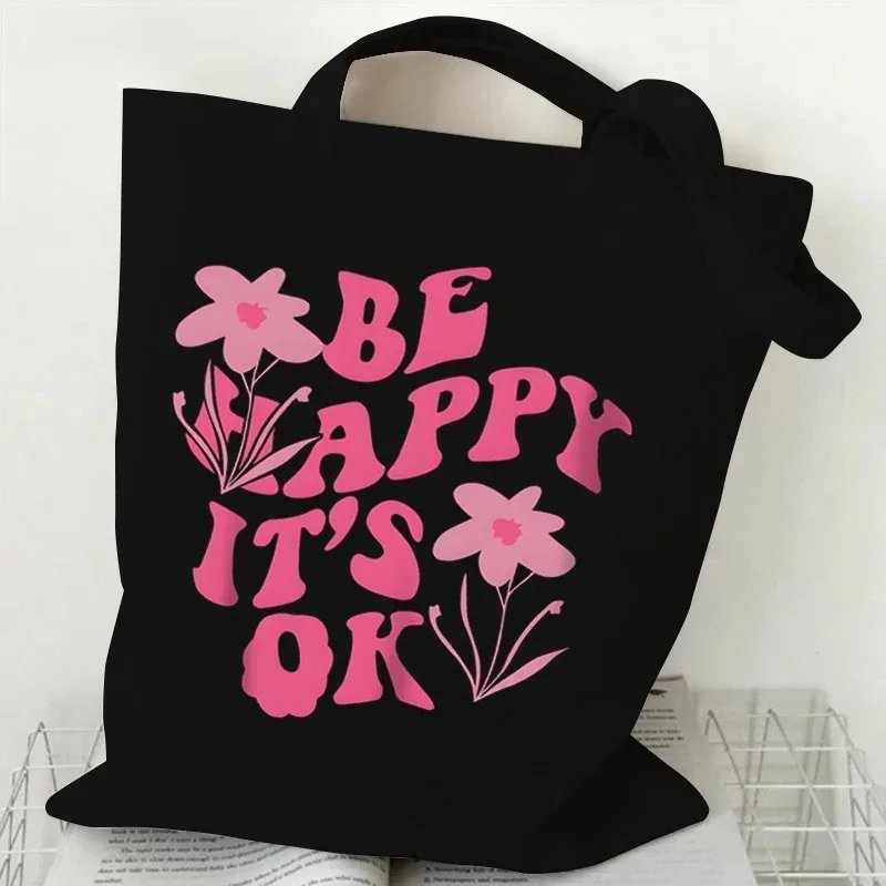 sac fourre-tout en toile à motif floral, sac de shopping réutilisable avec citation inspirante imprimée, sac à main écologique pour étudiantes, sac à bandoulière pour femmes