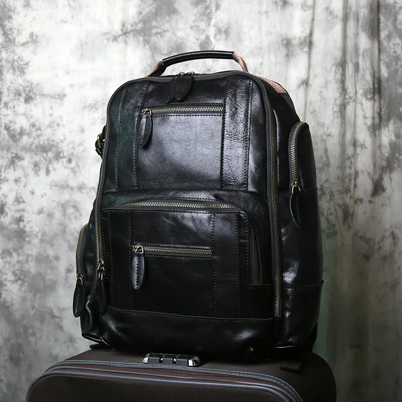 nzpj rétro en cuir véritable hommes sac à dos couche supérieure en peau de vache sac à dos mode hommes sac crazy horse peau voyage ordinateur sac