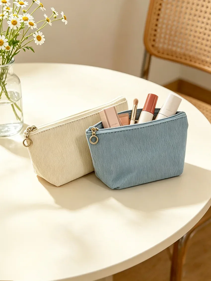 pochette zippée en velours côtelé multicolore, trousse de maquillage minimaliste style ins, organiseur pour rouge à lèvres, produits de soin et câbles pour le quotidien et les voyages
