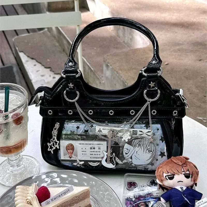 jiaerdi harajuku star ita sac femmes double sangle réglable en cuir transparent fourre-tout sac à main sous-culture quotidien polyvalent sac à bandoulière y2k