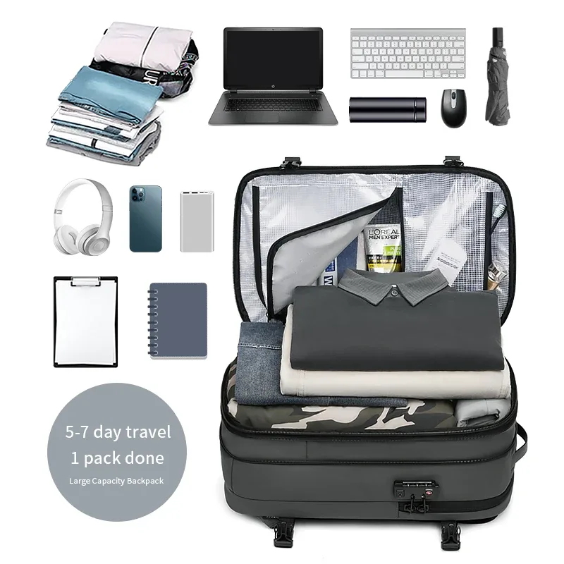 sac à dos de voyage pour hommes, sac à dos à compression sous vide pour ordinateur portable de 17 pouces, sac à dos d'affaires de grande capacité, sac à dos d'école extensible pour randonnée