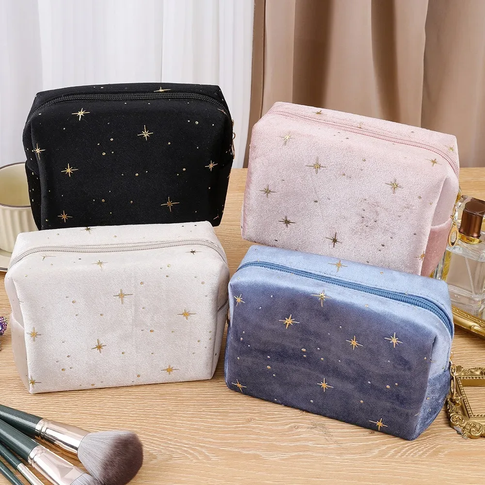 trousse de toilette en velours doux pour femme, sac cosmétique portable, motif étoile estampé à chaud, sac de rangement de maquillage avec fermeture éclair, haute qualité