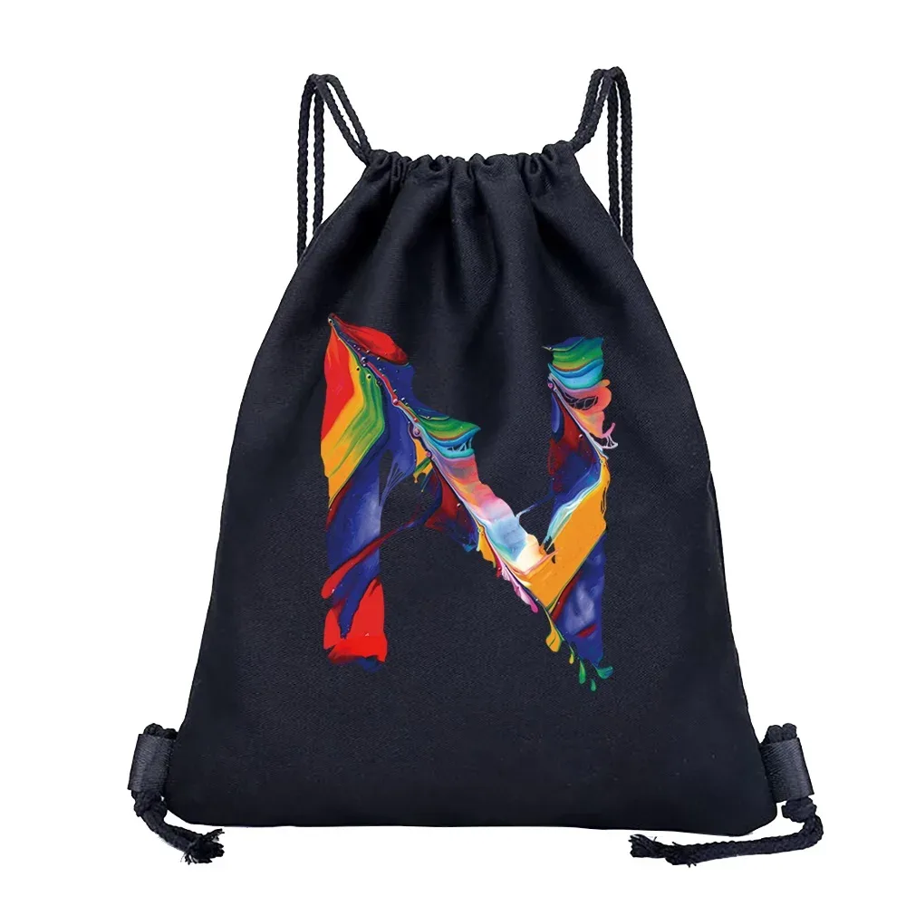 sac dos lin noir motif multicolore compact pliable cordon serrage poignées souple grande capacité sports plein air harajuku polyvalent
