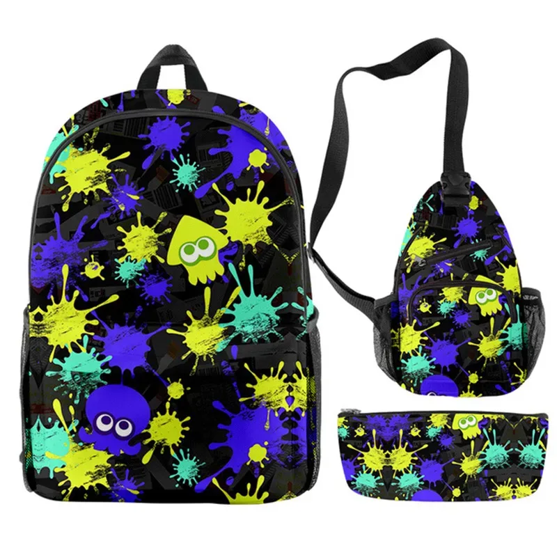 splatoon-sac à dos pour ordinateur portable, sac à bandoulière incliné, trousse à crayons, sac à dos pour 3 élèves, jeu de mode créatif, ensemble de 3 pièces