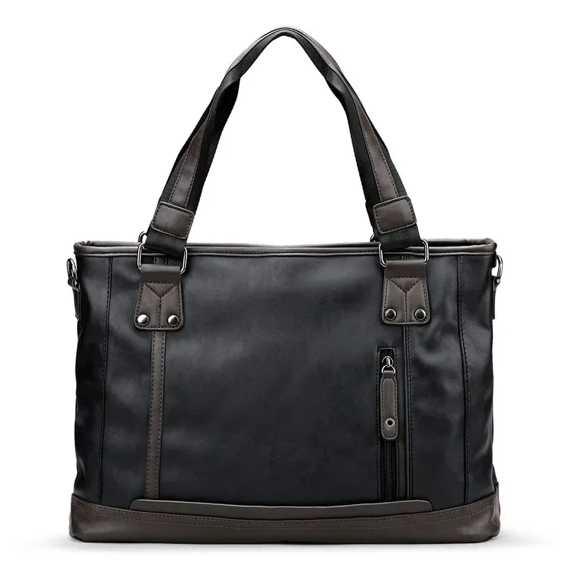 porte documents cuir bleu marine marron format 40x29x11cm bandoulière amovible poignée souple doublure polyester vintage voyage business briefcase