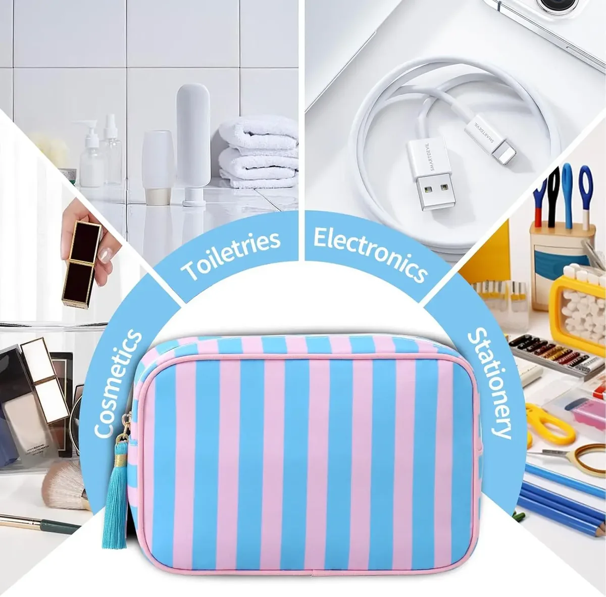 grande trousse de maquillage portable rayée pour femmes, avec fermeture éclair et pompon, grande capacité, sac fourre-tout décontracté avec fermeture éclair