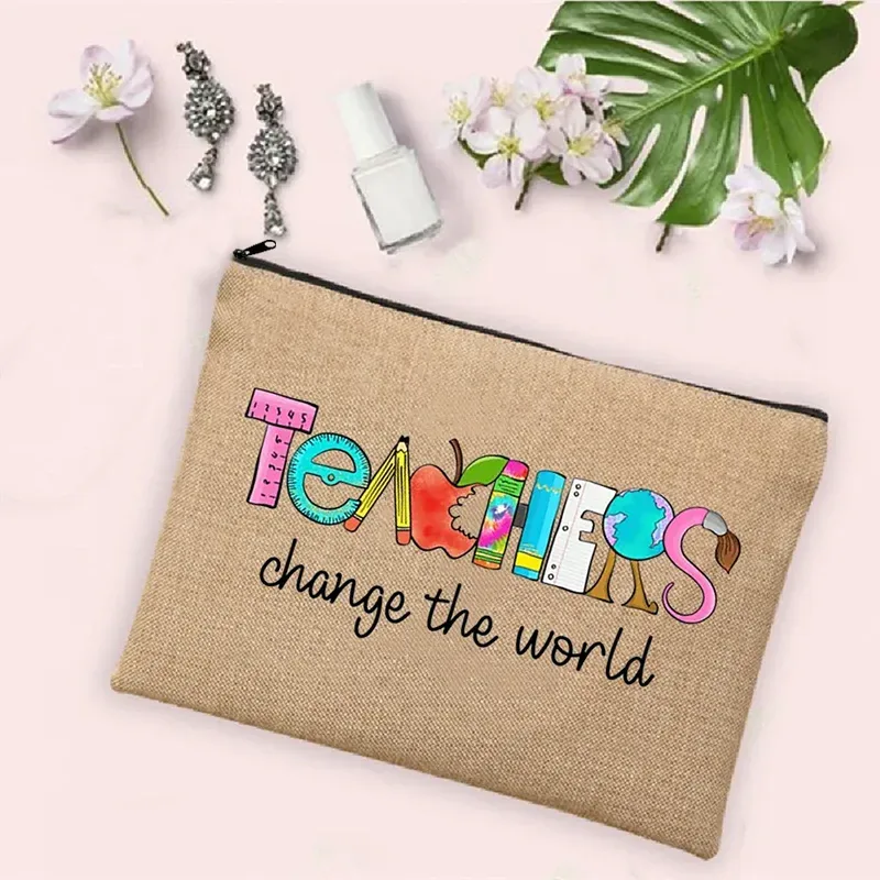 teacher change the world linen powder trousse de toilette de voyage pour femme, trousse de maquillage, cadeau de retour à l'école, sac à cosmétiques
