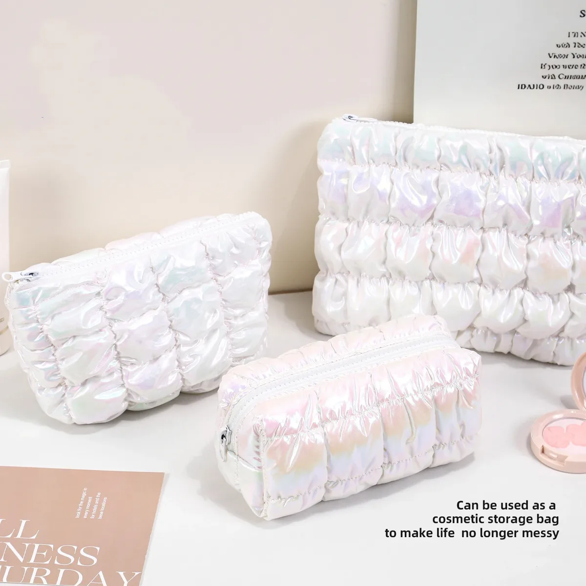 sac de rangement de maquillage rose pour femmes, sac à main organisateur de voyage, pochette de toilette et de cosmétiques, grille à bulles, pochette de luxe pour dames