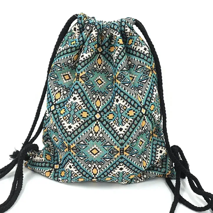 sac à dos en tissu pour femme 2026, style bohème chic, ethnique, tribal, ibiza, gypsy, aztec, doux, marron, avec cordon de serrage