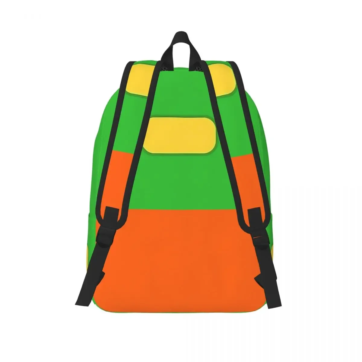 sac dos toile polyester dessin animé vert bandes jaunes orange poches latérales arrière avant école voyage