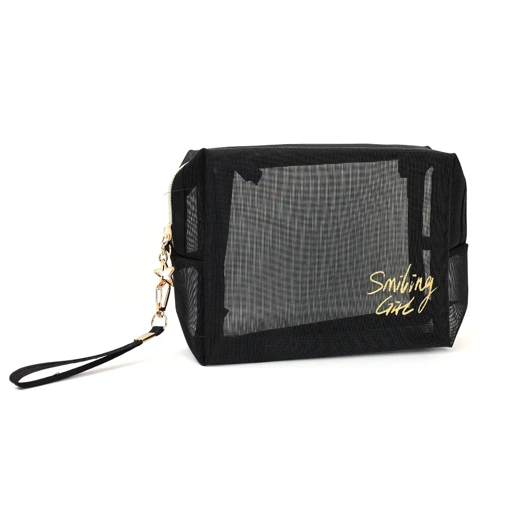 sac à cosmétiques de voyage pour femmes, grande capacité, étui de maquillage en maille noire, pochette de rangement, trousse de toilette décontractée à fermeture éclair, sacs de lavage de maquillage