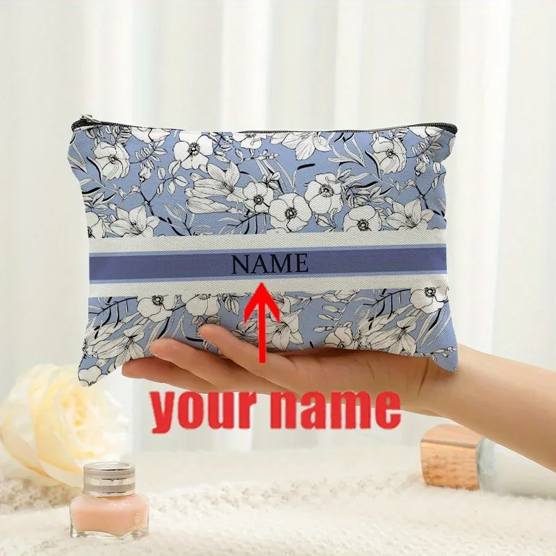 1 pièce trousse de maquillage personnalisée avec nom et motif floral imprimé, sac de rangement de voyage pour articles de toilette, organisateur de cadeaux de fête, pochette cosmétique