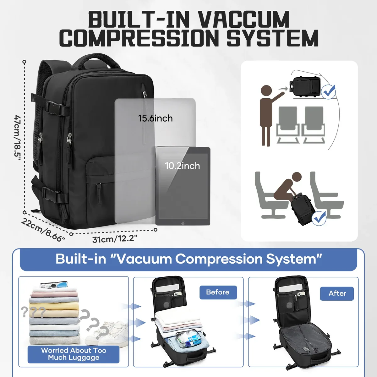 sac dos nylon unisexe noir compression integree compartiment ordinateur portable poche humide ceinture air décontracté solide
