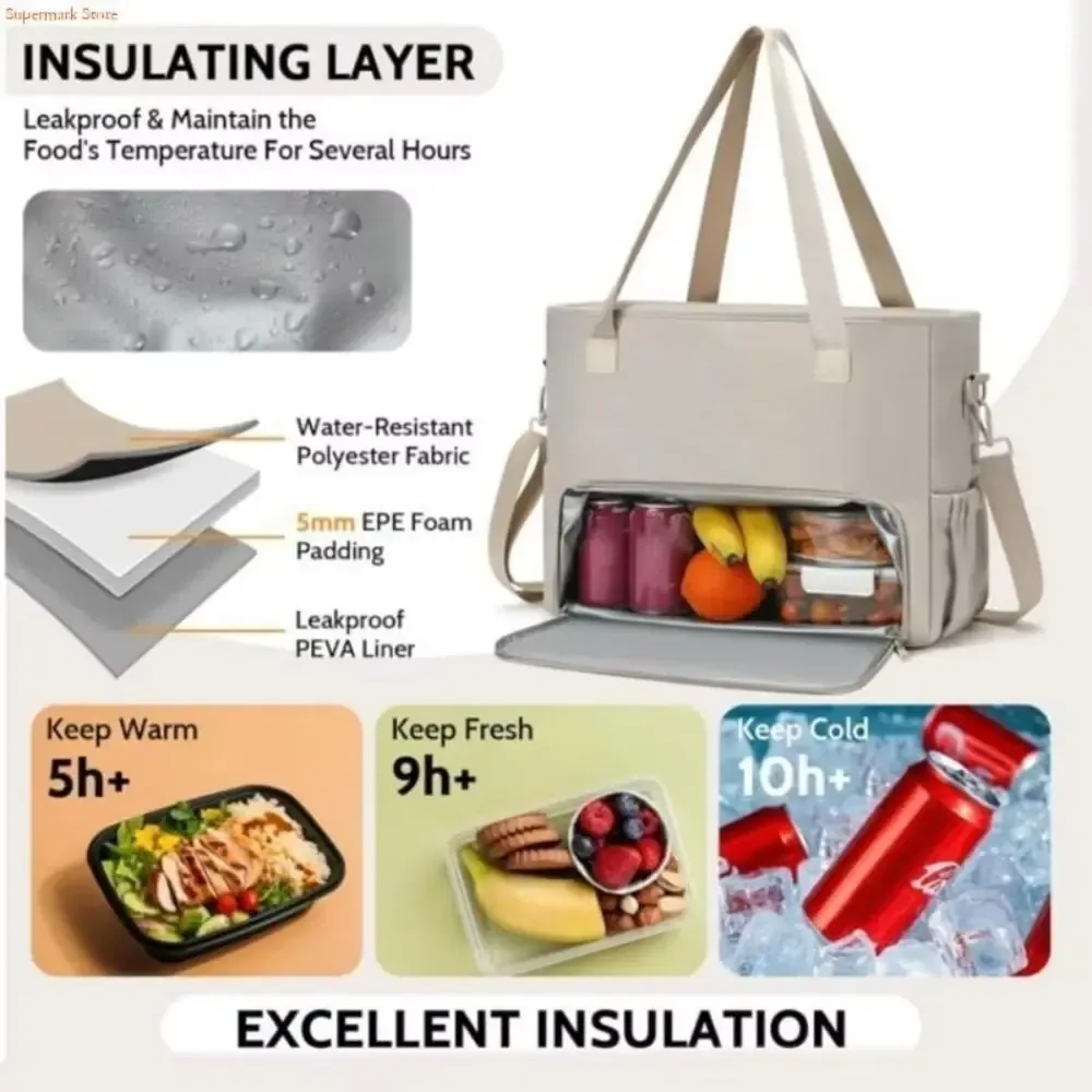 sac fourre-tout à déjeuner 2 en 1 pour femmes, compartiment à déjeuner isolé, sac pour ordinateur portable 15.6 pouces, sac à main d'ordinateur de grande capacité pour le travail