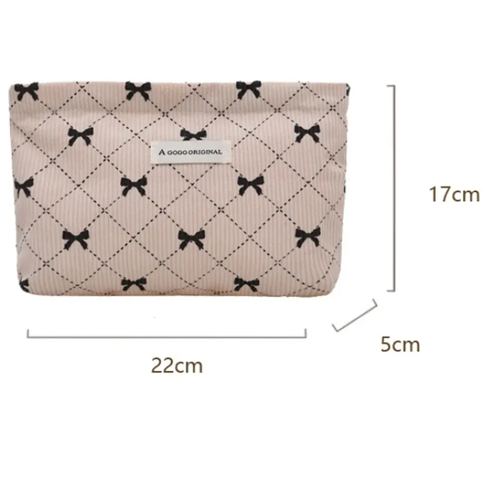 sac de maquillage en velours côtelé avec nœud papillon, sac de rangement portable pour soins de la peau, trousse de toilette