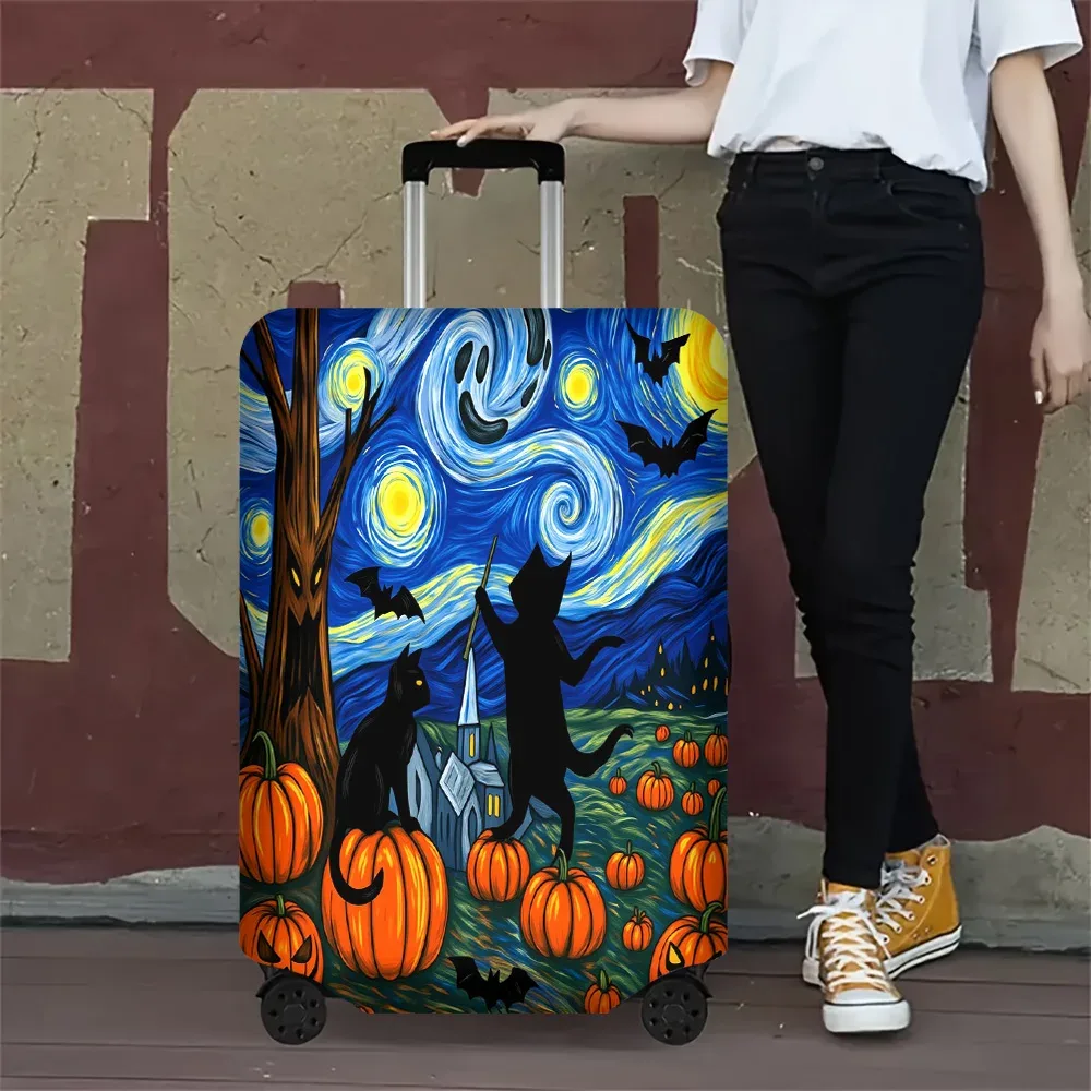 housse valise polyester motif halloween étoiles citrouilles chauves souris protection voyage format grand bleu noir gris