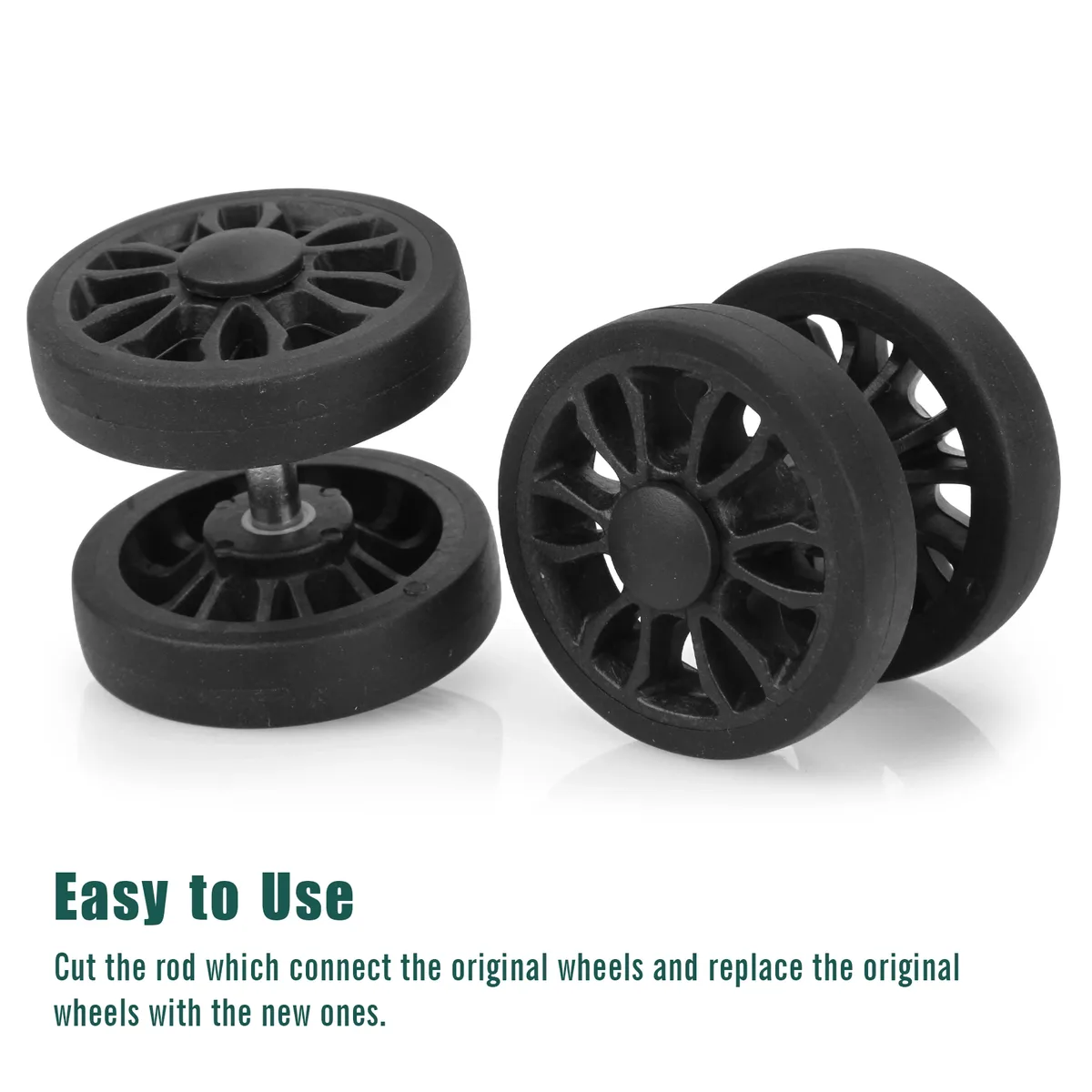 roues remplacement plastique noires motif radial douze rayons format cinquante millimètres usage réparation valises voyage