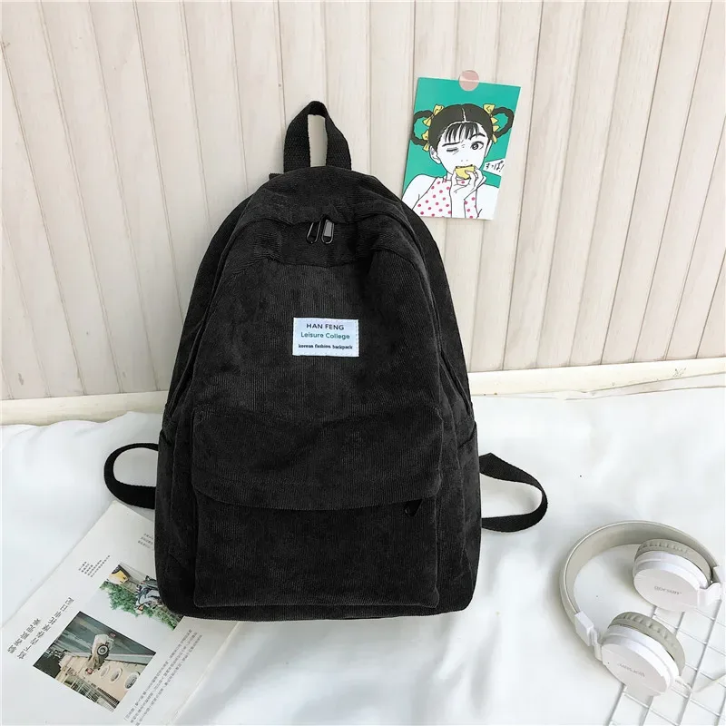 sac à dos coréen en velours côtelé, couleur unie, léger, imperméable, grande capacité, sac d'école pour étudiantes, sac de voyage pour filles et femmes