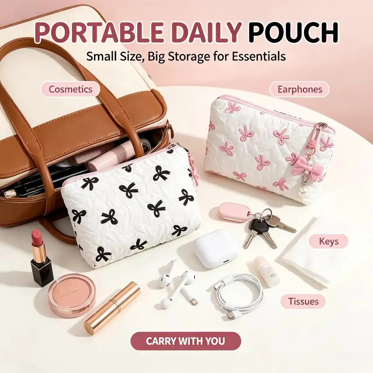 pochette à maquillage brodée avec nœud, design élégant, porte-monnaie, sac de rangement, mignon, grande capacité, trousse de maquillage haut de gamme