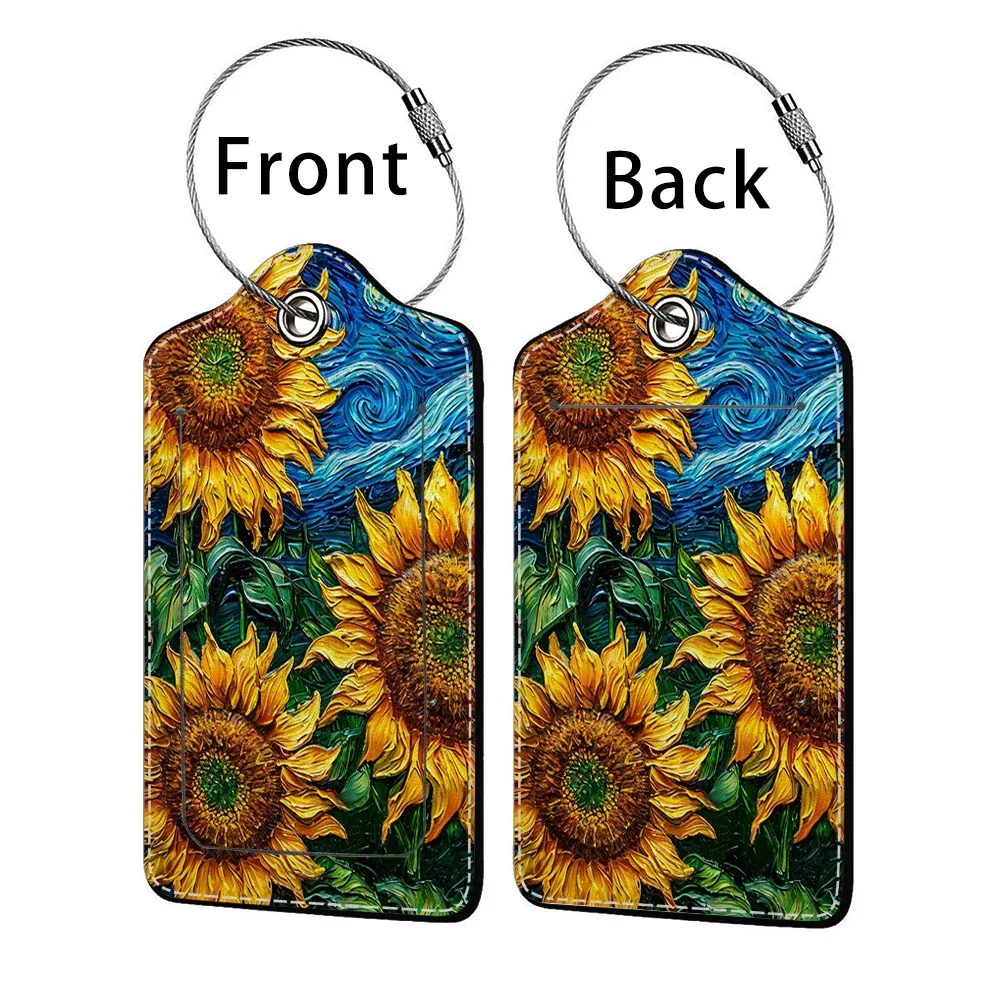 étiquette bagage polyuréthane motif tournesols bleu nuit jaune voyage identification personnelle plaques adresses double cartes bancaires