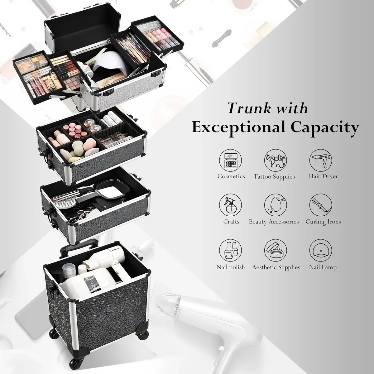 valise de cosmétologie rigide 4-en-1 en aluminium sur roulettes, grande capacité, avec 4 plateaux, chariot de maquillage roulant, valise de voyage pour tatouage, organisateur de vernis à ongles, boîte de rangement, valise de maquillage professionnelle de voyage avec clés