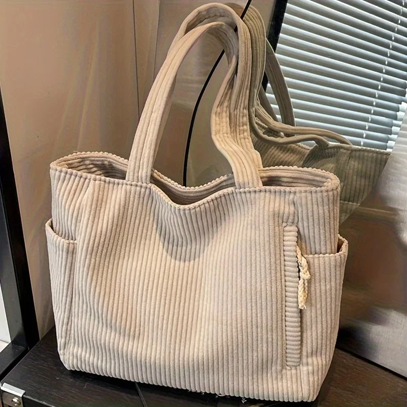 sac à main en velours côtelé léger et grande capacité avec fermeture éclair, couleur unie, sac à bandoulière décontracté pour les trajets quotidiens