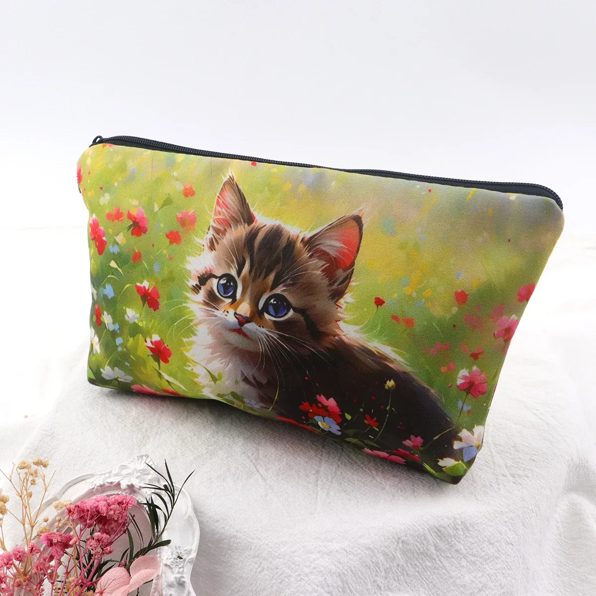 sac de rangement de voyage pour femmes, sac à cosmétiques, trousse de maquillage, trousse de maquillage, trousse de rouge à lèvres à fermeture éclair imprimée, chat mignon