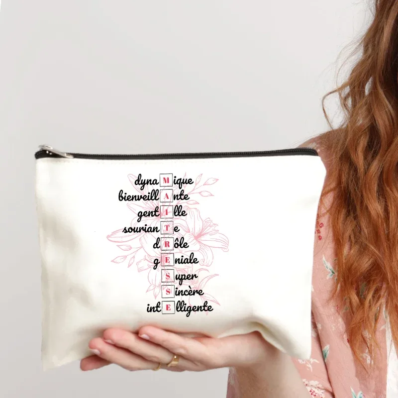 trousse de maquillage pour femmes, thème enseignant, étui à cosmétiques inspiré de maitresse avec motif éducatif de conception de style français, portefeuille pour le travail ou l'école