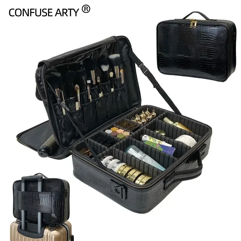 nouveau sac cosmétique en cuir pu crocodile boîte de maquillage professionnelle grande capacité stockage voyage toilette valise de maquillage