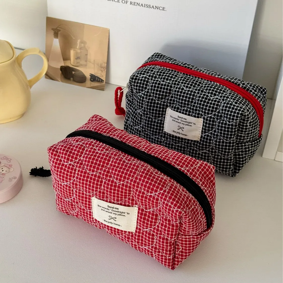 sacs à cosmétiques matelassés à carreaux en forme de cœur pour femmes, trousse de maquillage de grande capacité, sac de rangement de voyage pour dames, sac à main décontracté pour filles, pochette