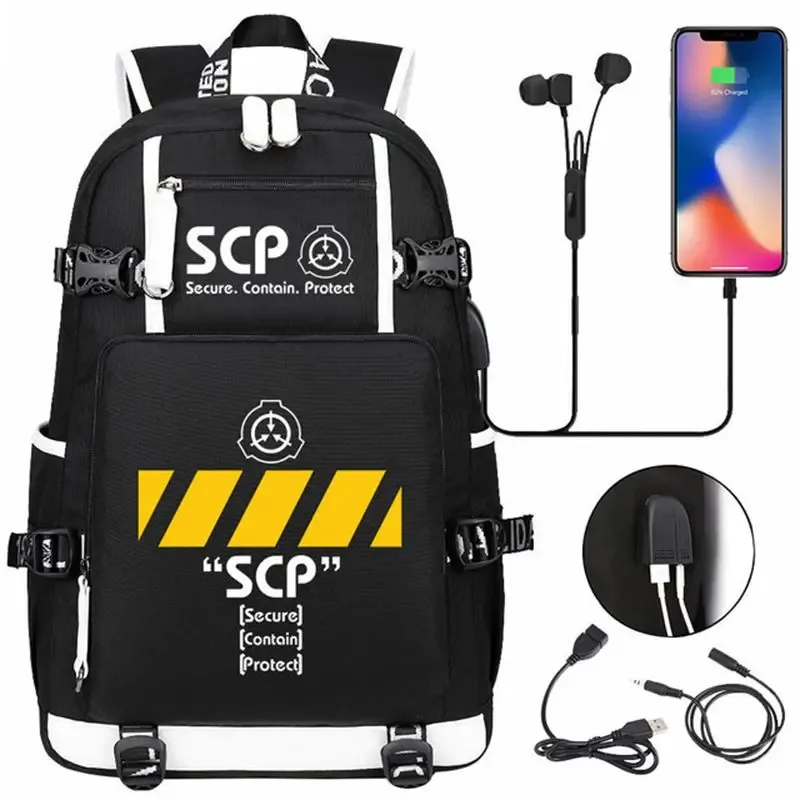sac à dos scp foundation cartable noir, sacs d'école de dessin animé pour enfants adolescents, sac à dos de voyage scp, sacs initiés par ordinateur portable usb