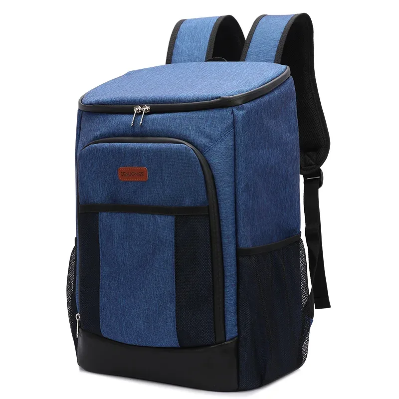 sac dos bleu accents noirs gris poches avant compartiments intérieurs séparateurs tissu résistant transport nourriture boissons isolantes grande capacité
