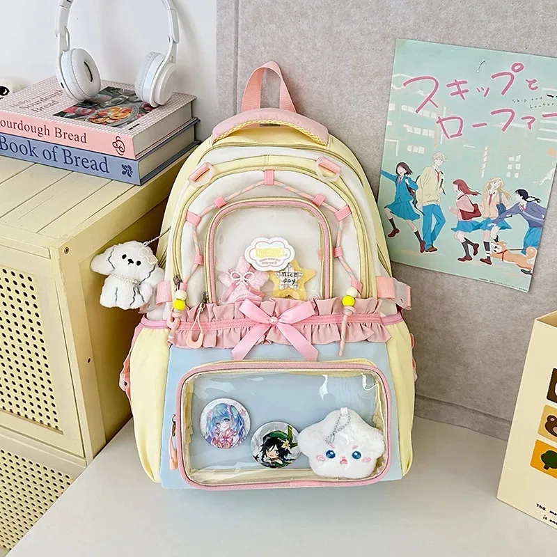sac à dos coréen à nœud papillon, grande capacité, esthétique soignée, couleur transparente contrastante, pour l'école
