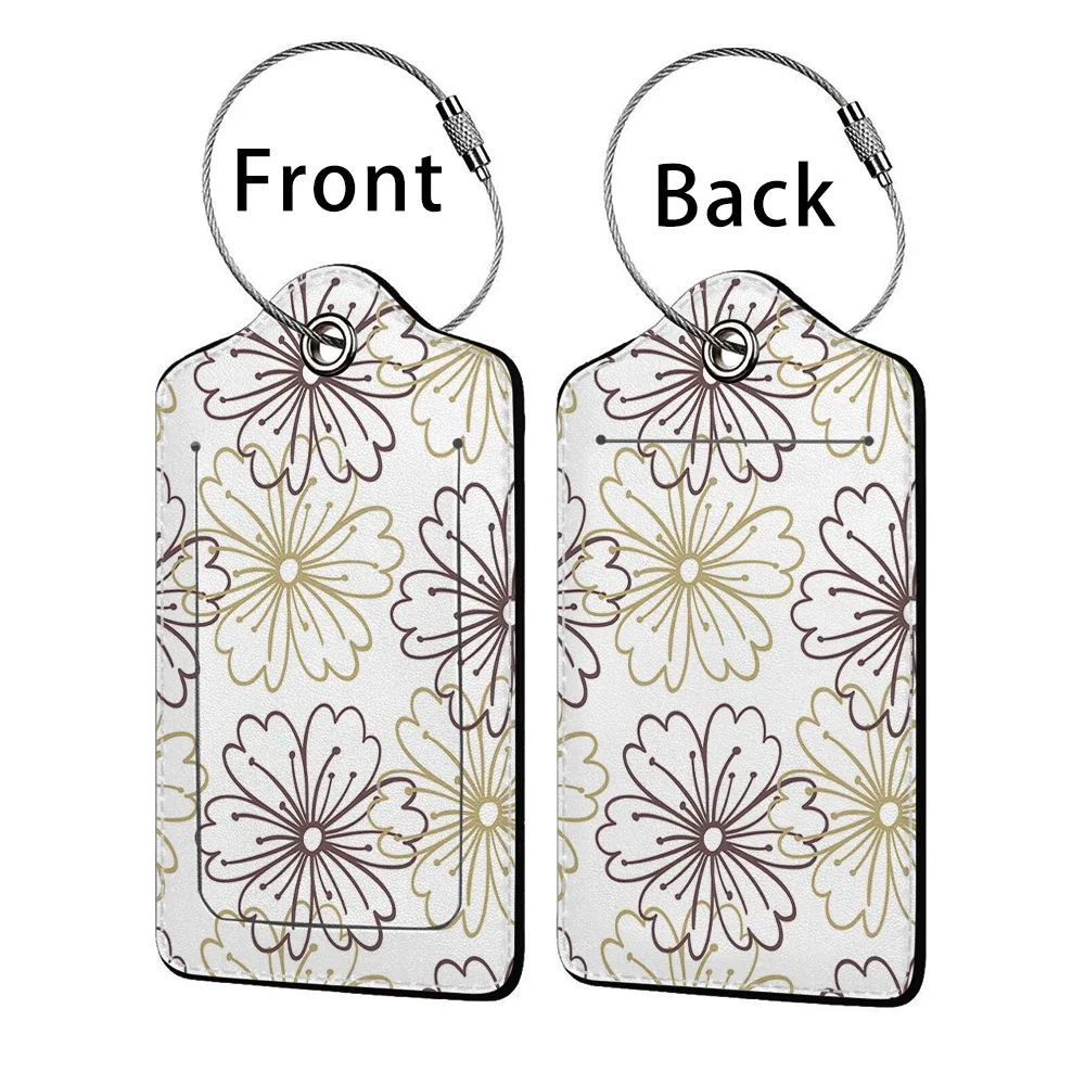 étiquette bagage polyuréthane motif floral subtil fond beige anneau métallique voyage affaires identification nom adresse