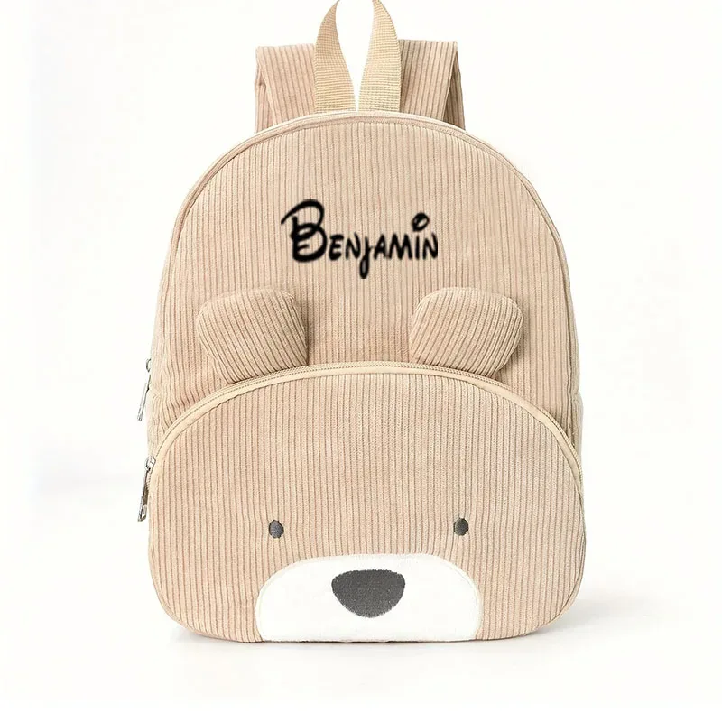 sac à dos en velours côtelé ours de dessin animé personnalisé pour tout-petits, grande capacité, nom brodé, sac en peluche