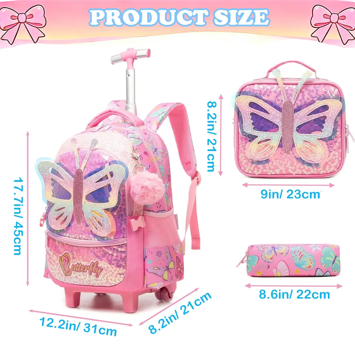 sac à dos à roulettes pour enfants, sac à dos pour filles, sac de voyage à roulettes, sacs à roulettes pour l'école avec boîte à lunch isotherme