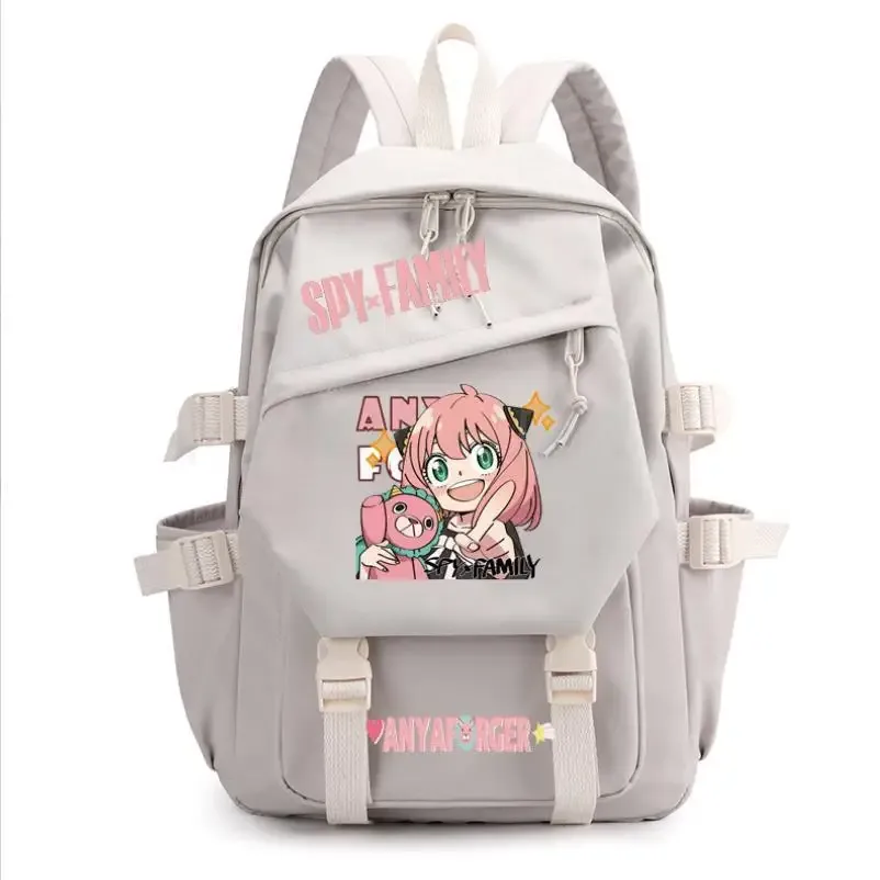 sac dos toile gris accents roses motif dessin animé personnage joyeux poche principale poche latérales fermeture éclair maille résine voyage décontracté