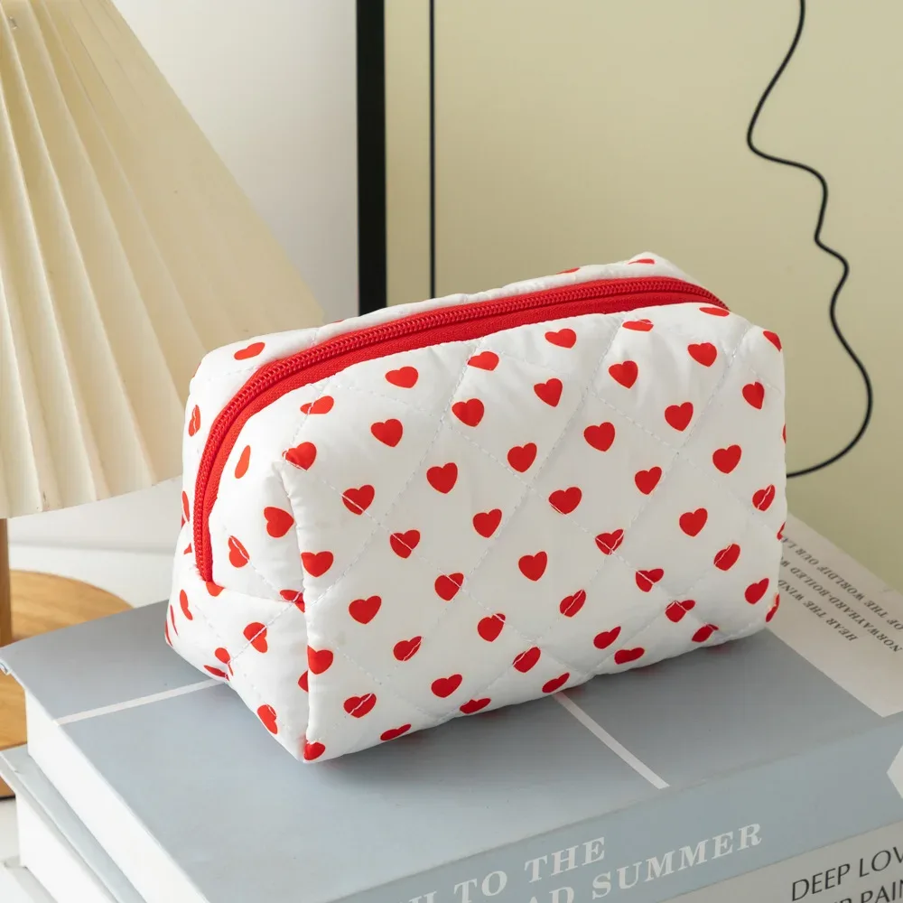 sac à pinceaux de maquillage à motif cœur mignon, pochette cosmétique en coton avec cordon de serrage pour femmes, organiseur de rangement pour articles de toilette de voyage, cadeau