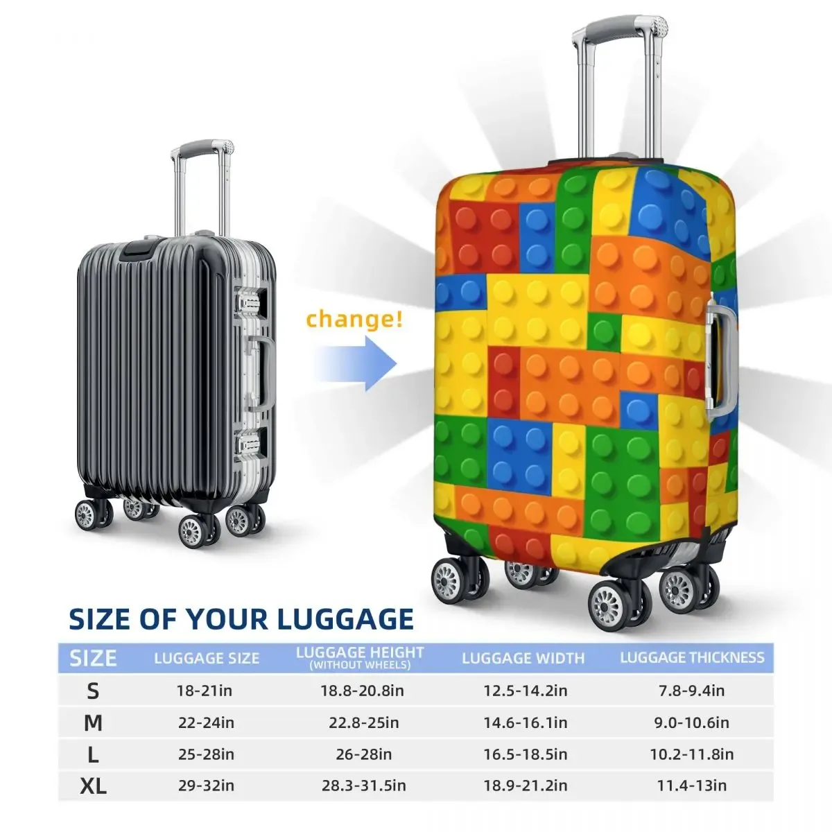 blocs de construction, couvercle de valise imprimé, brique de construction, protection pratique pour affaires, accessoires de bagages, vacances