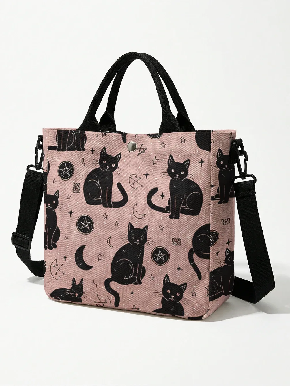 sac fourre-tout en toile rose imprimé lune et étoiles avec chat noir sorcière, bandoulière détachable, sac à main bandoulière pour femme, idéal pour le shopping quotidien