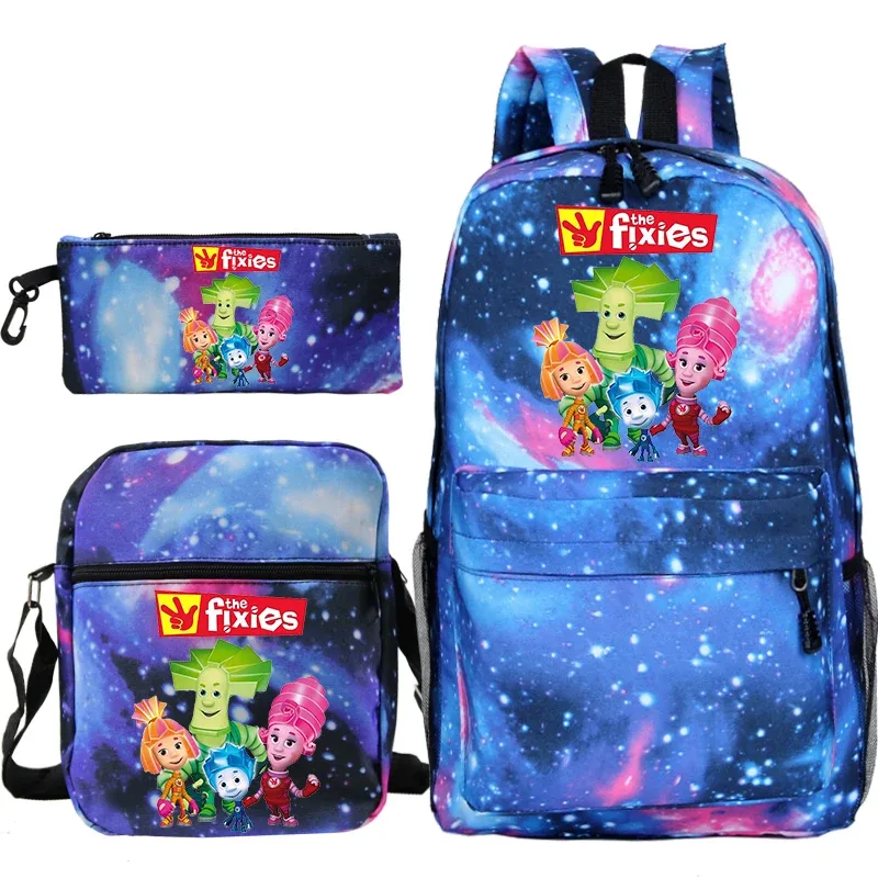 sac dos toile polyester imprimé personnages colorés the fixies unisexe décontracté compartiment intérieur bandoulière arquée fermeture éclair bleu noir gris voyage enfant